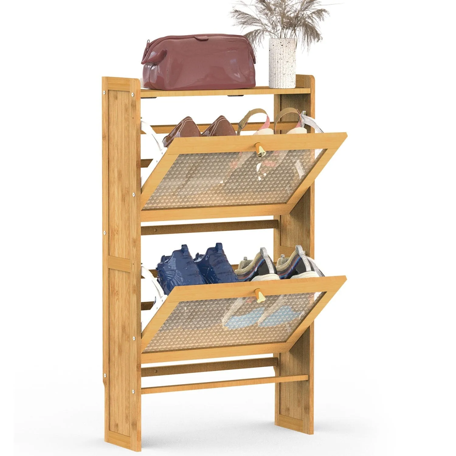 2-Tier Shoe Cabinet with 2 Flip Drawers Slim Bamboo Rack Narrow Shoe Organizer