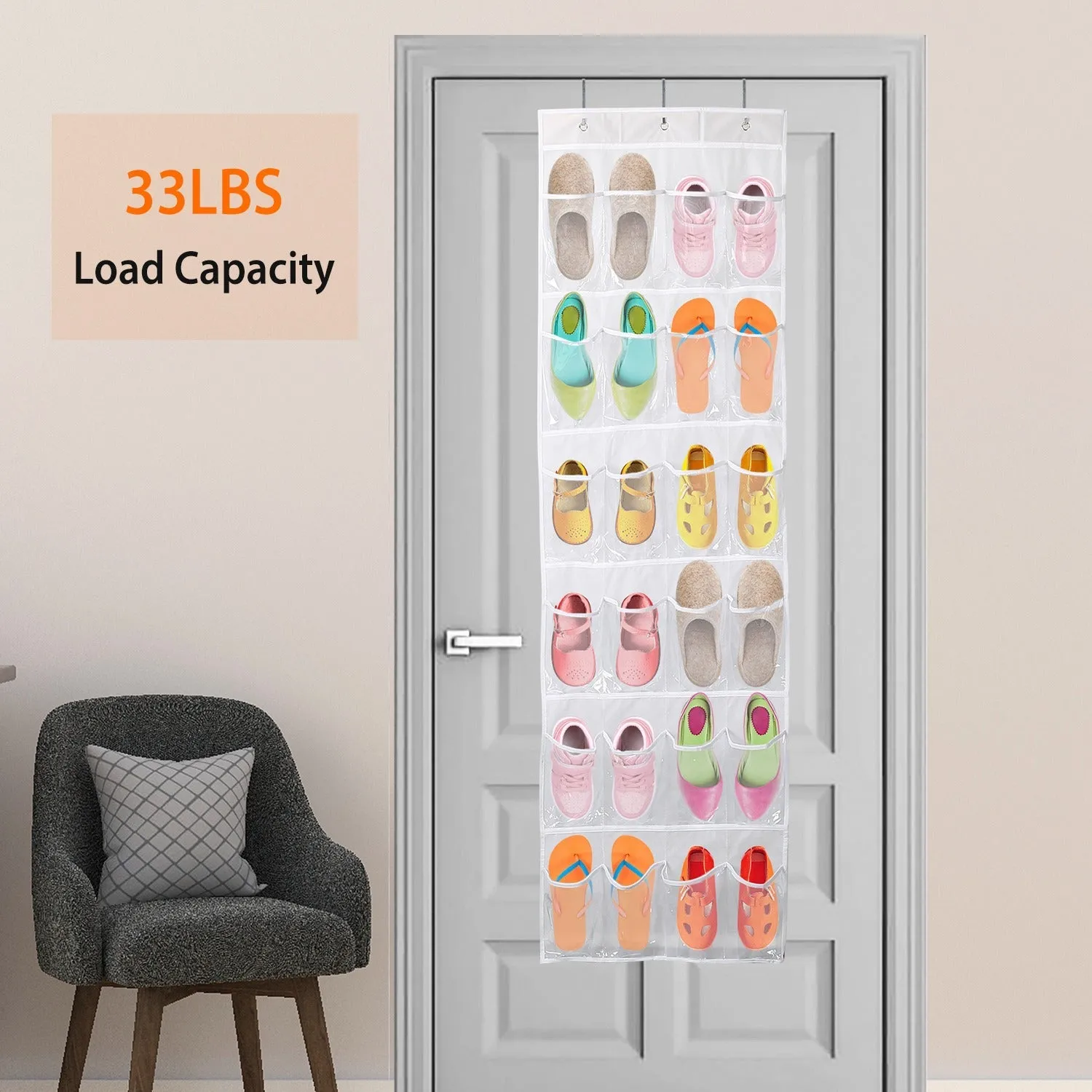 24-Pocket: Over the Door Shoes Rack Crystal Clear Organizer