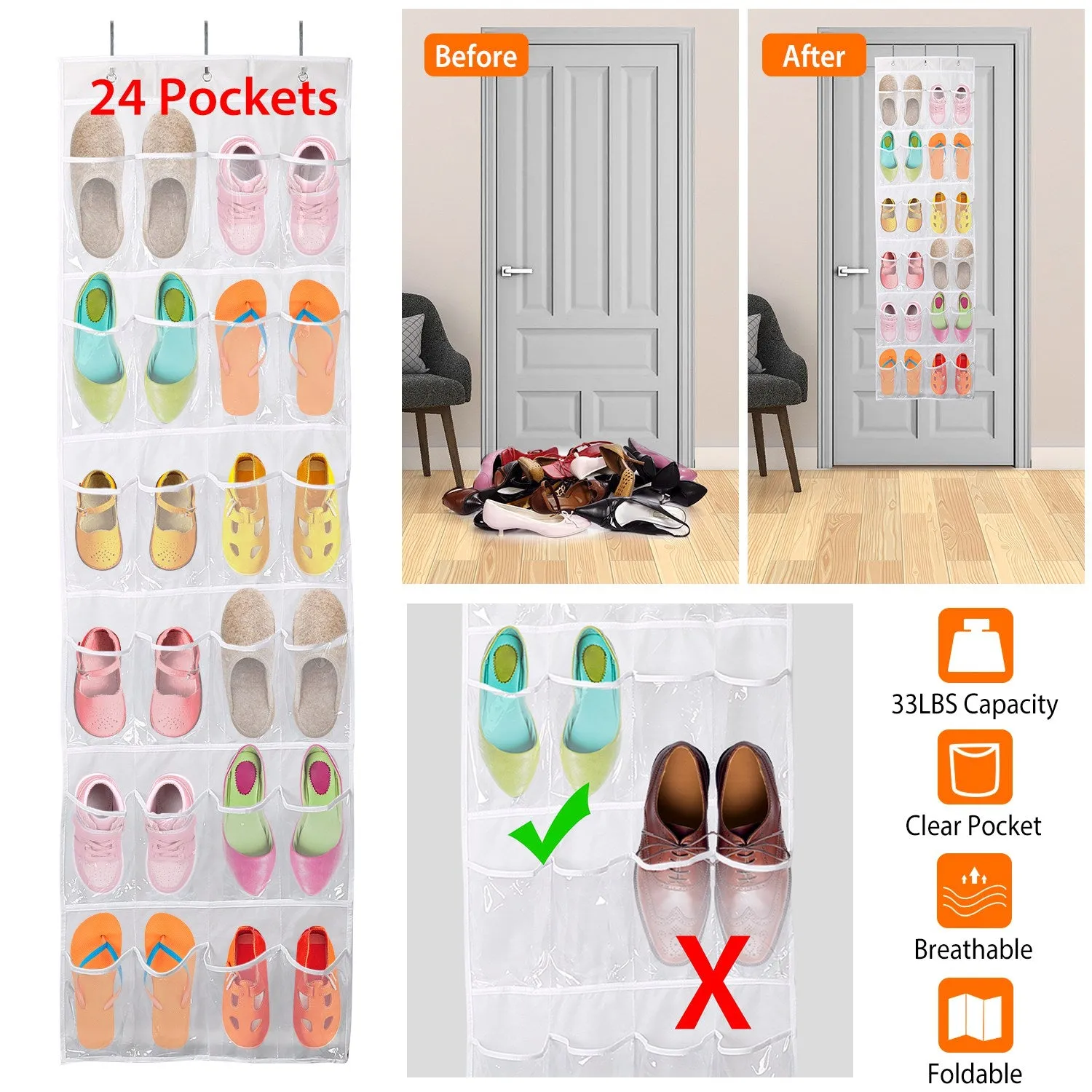 24-Pocket: Over the Door Shoes Rack Crystal Clear Organizer