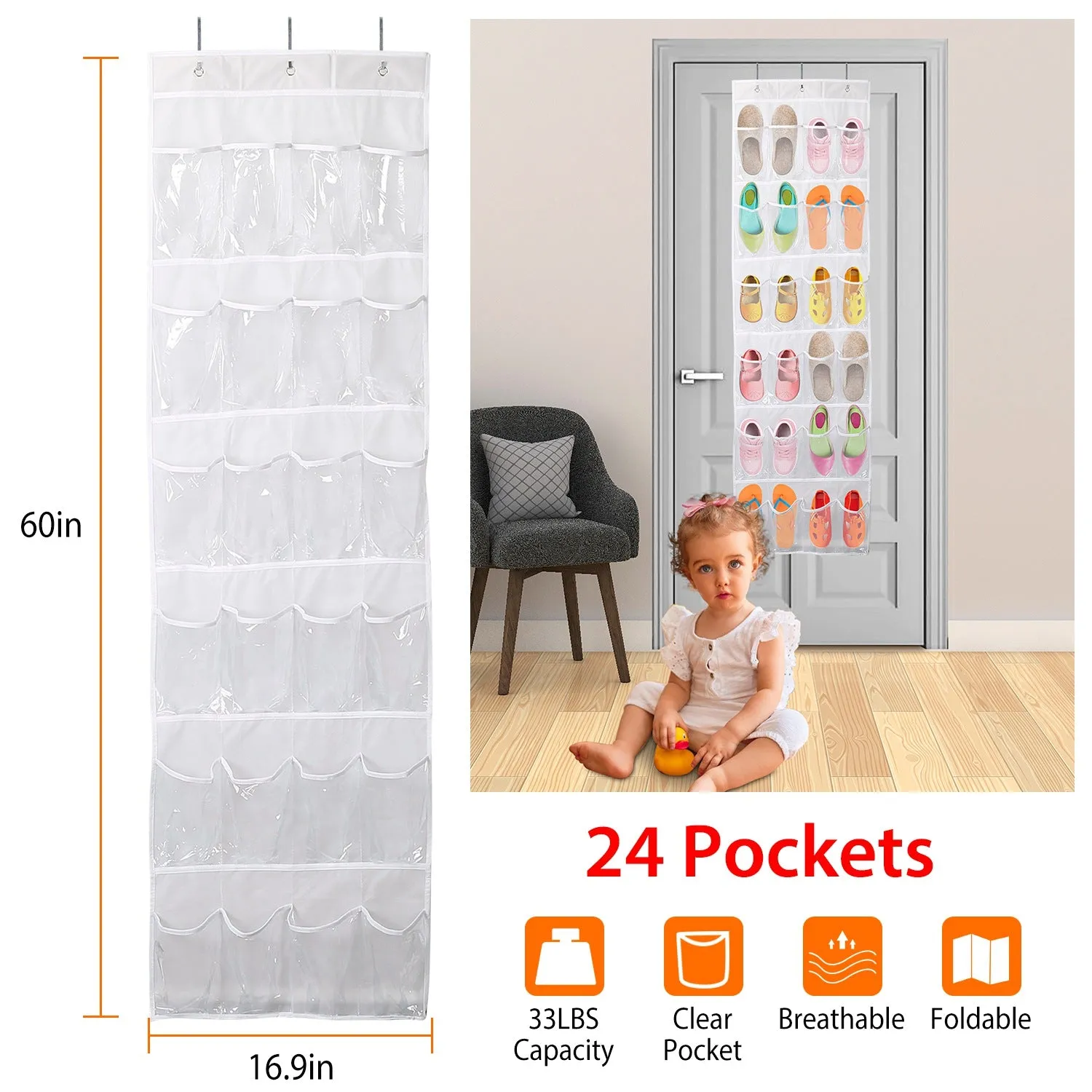 24-Pocket: Over the Door Shoes Rack Crystal Clear Organizer