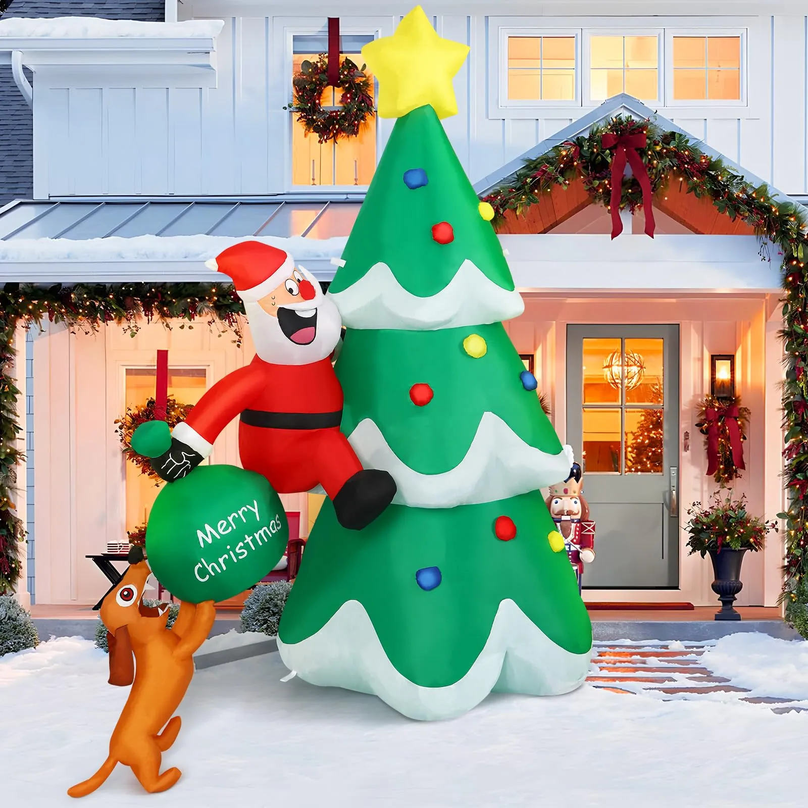 7FT Christmas Inflatables Outdoor Decorations Blow Up Santa Claus Reindeer Dog, Green