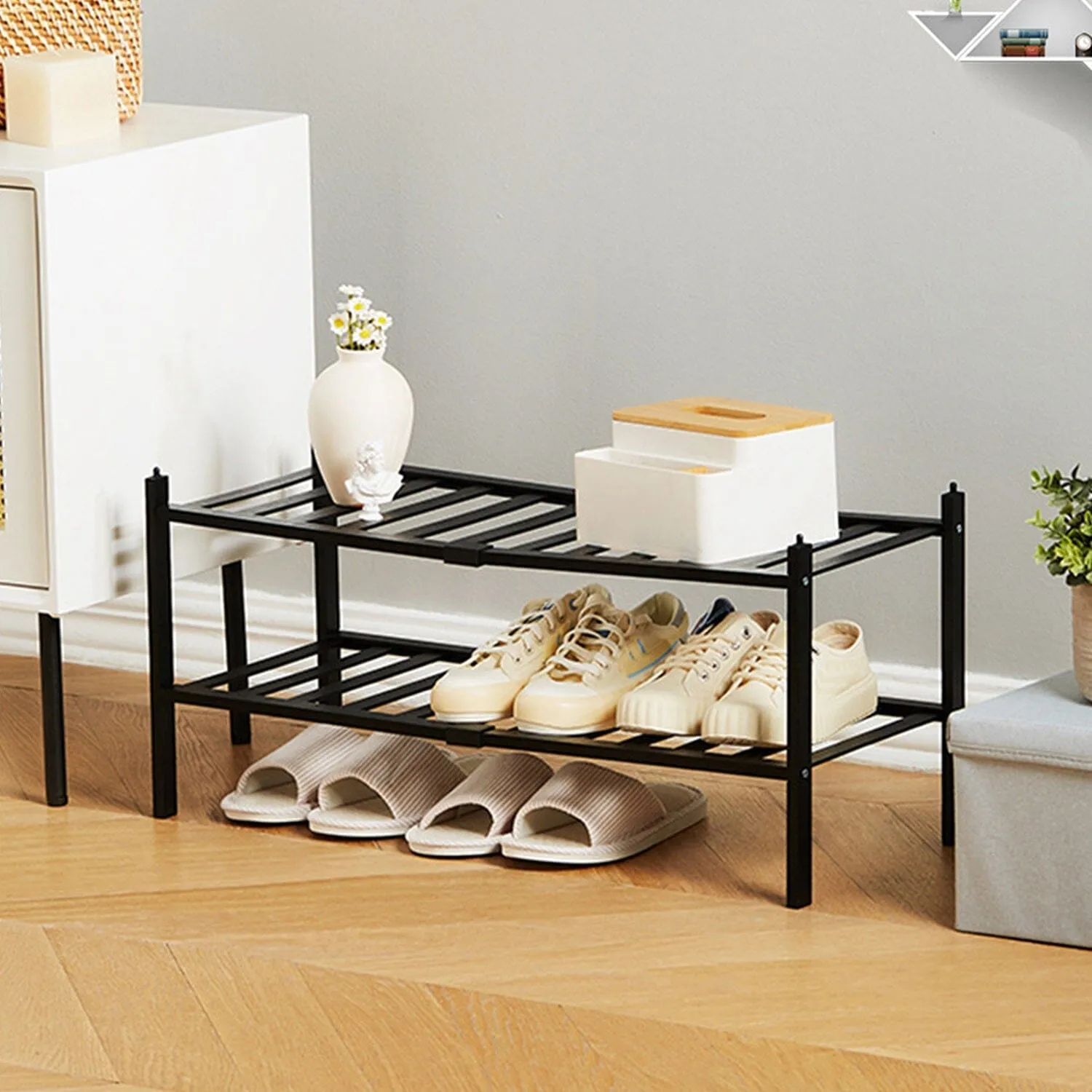 Bamboo Shoe Rack 2-Tier Stackable Shoe Shelf