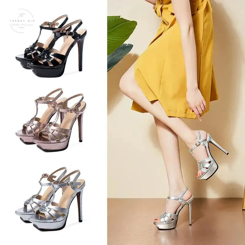 Chic Women's Buckle Sandals with High Heel Platforms in Leather