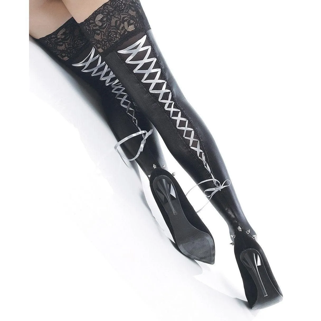 Coquette Thigh High Wetlook Stockings with Contrasting Ribbon Lace-Up Back Seam Detail Black/Silver