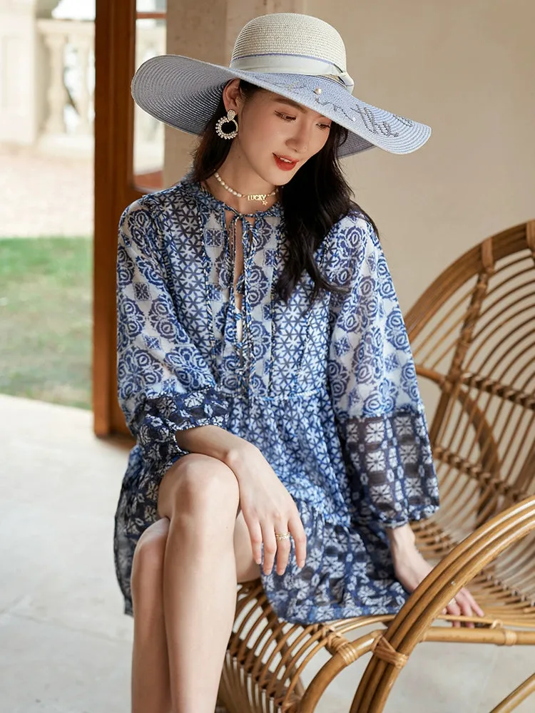 Court Print V-neck Lantern Sleeve Dress