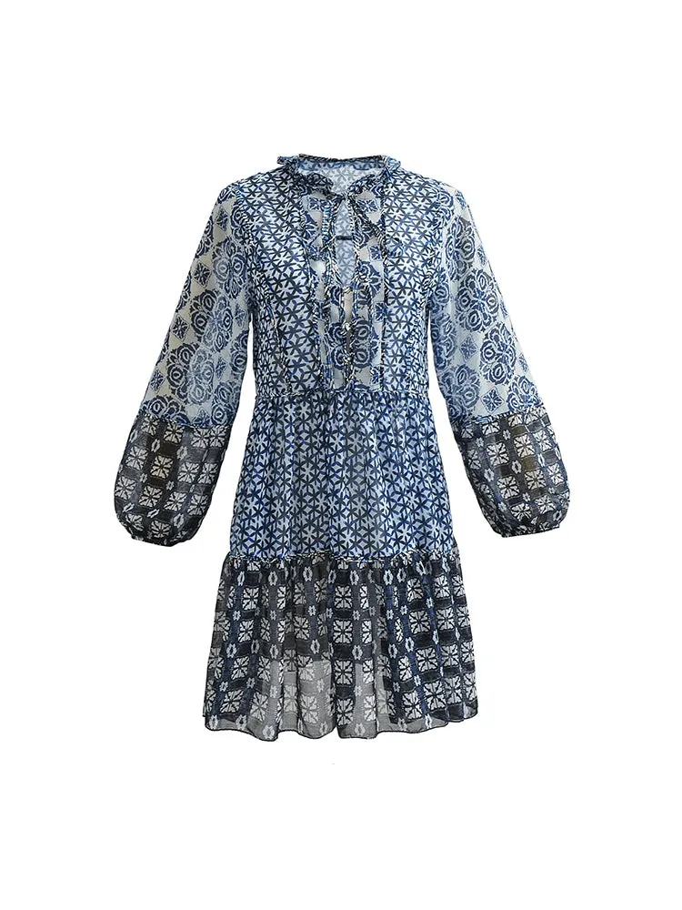 Court Print V-neck Lantern Sleeve Dress