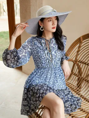 Court Print V-neck Lantern Sleeve Dress