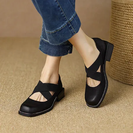 Cowhide Retro Low Heel Elastic Belt Shallow Mouth Pumps