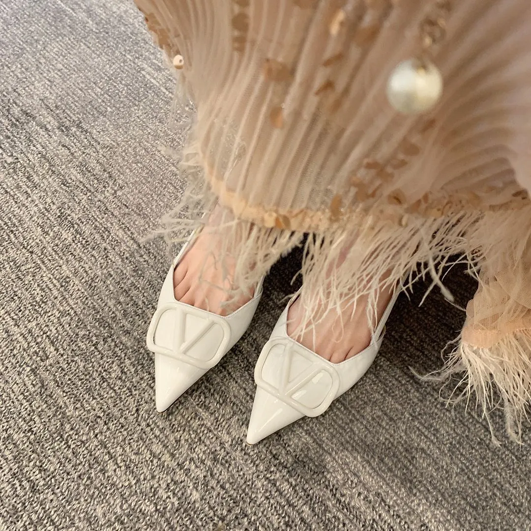 DEANWANGKT  Pointed Toe Sandals V Buckle Patent Leather High Heels Women's Summer Nude Color Versatile  Style Temperament Stiletto Heel Back Empty Toe Box Shoes