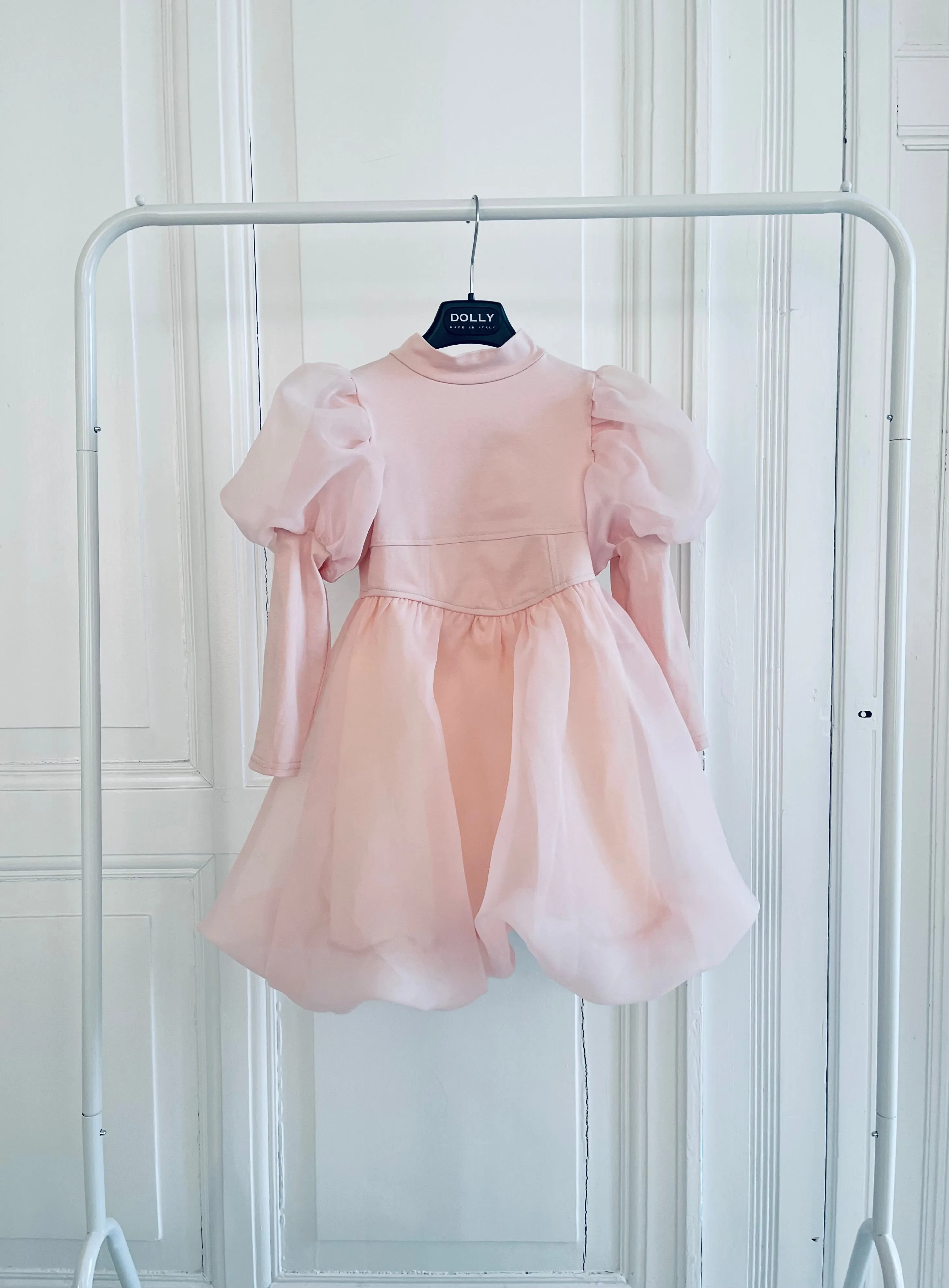 DOLLY WORLD PUFF LONG SLEEVE BALLOON ORGANZA DRESS WITH COTTON BODY dollypink