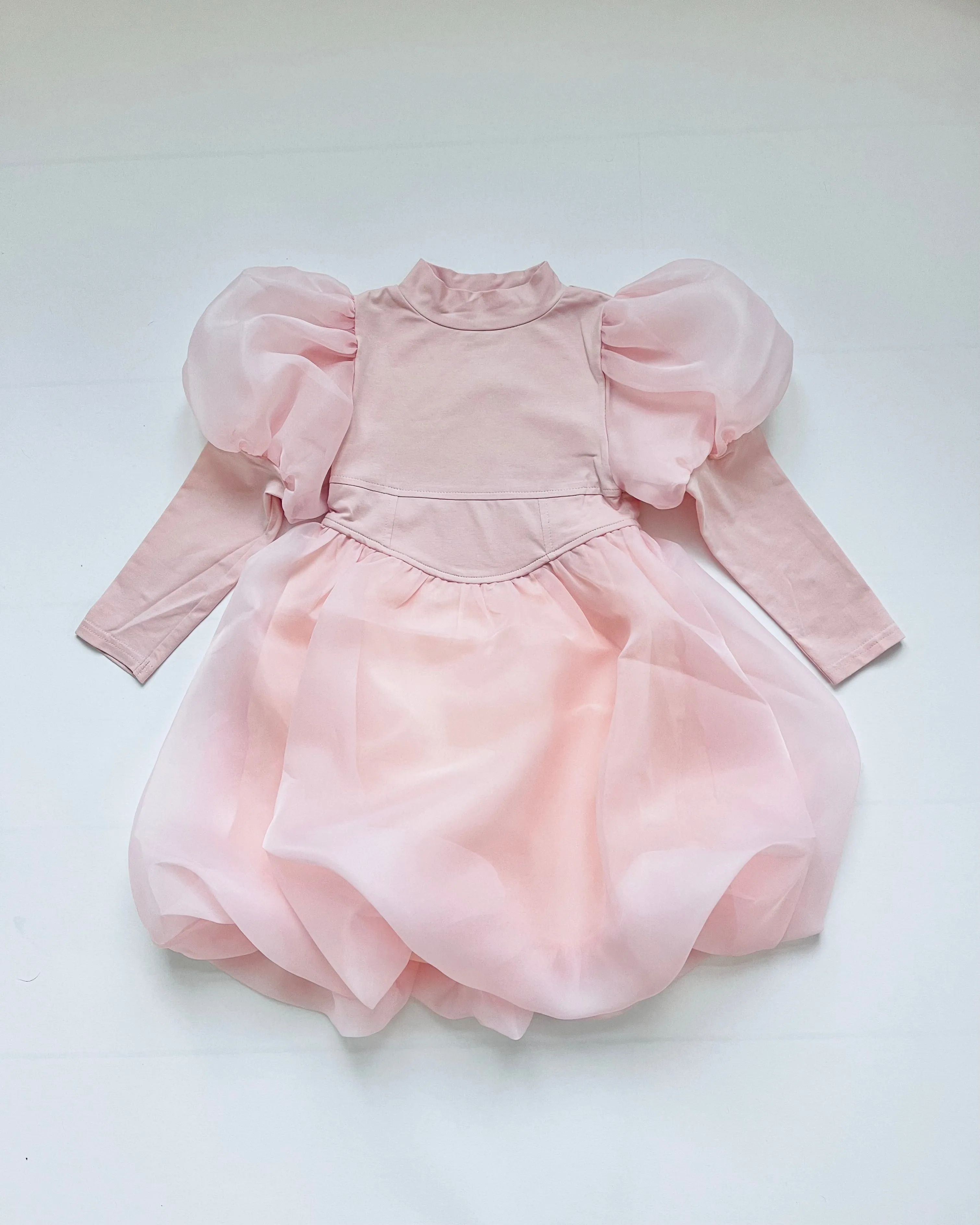 DOLLY WORLD PUFF LONG SLEEVE BALLOON ORGANZA DRESS WITH COTTON BODY dollypink