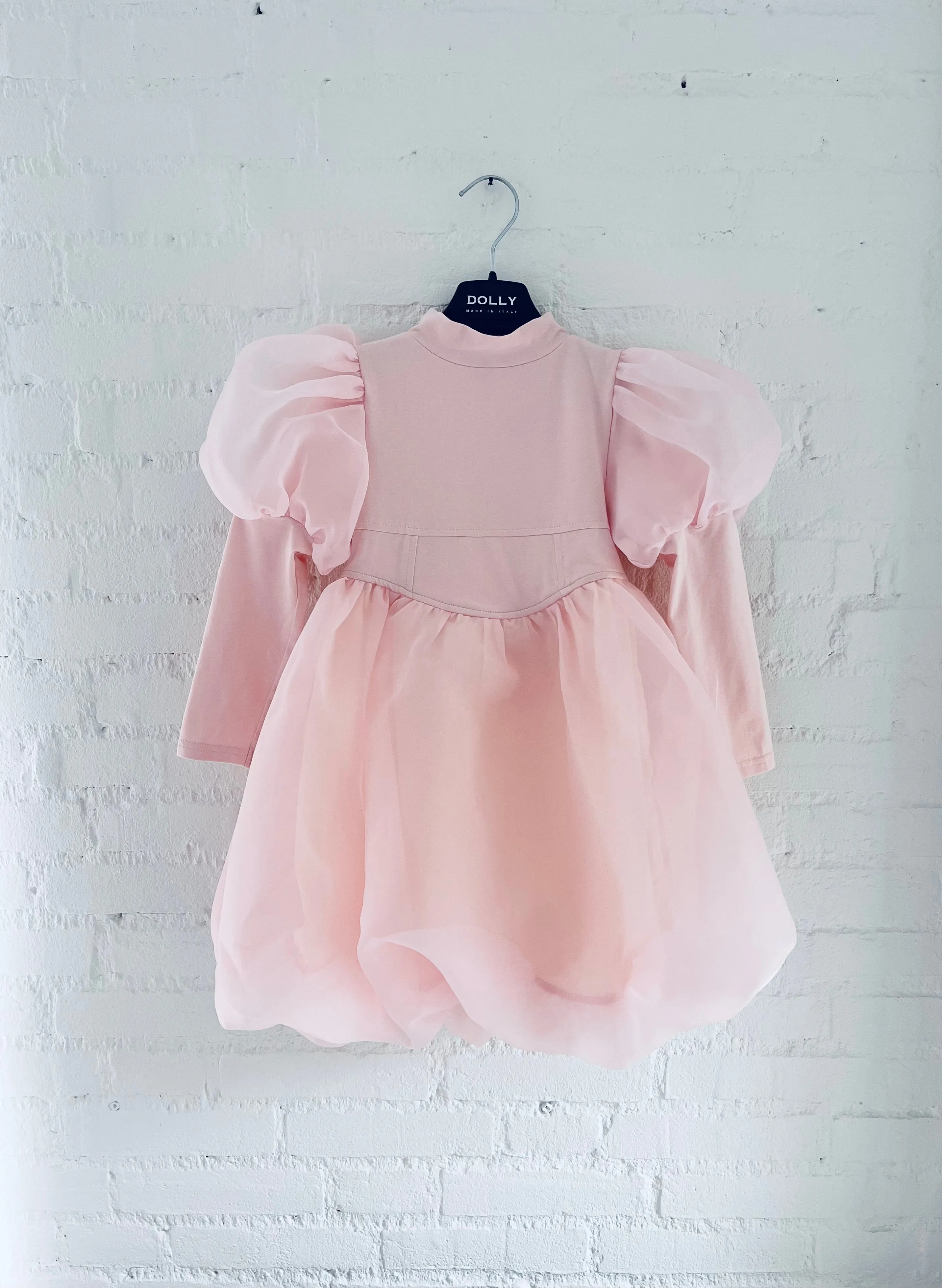 DOLLY WORLD PUFF LONG SLEEVE BALLOON ORGANZA DRESS WITH COTTON BODY dollypink