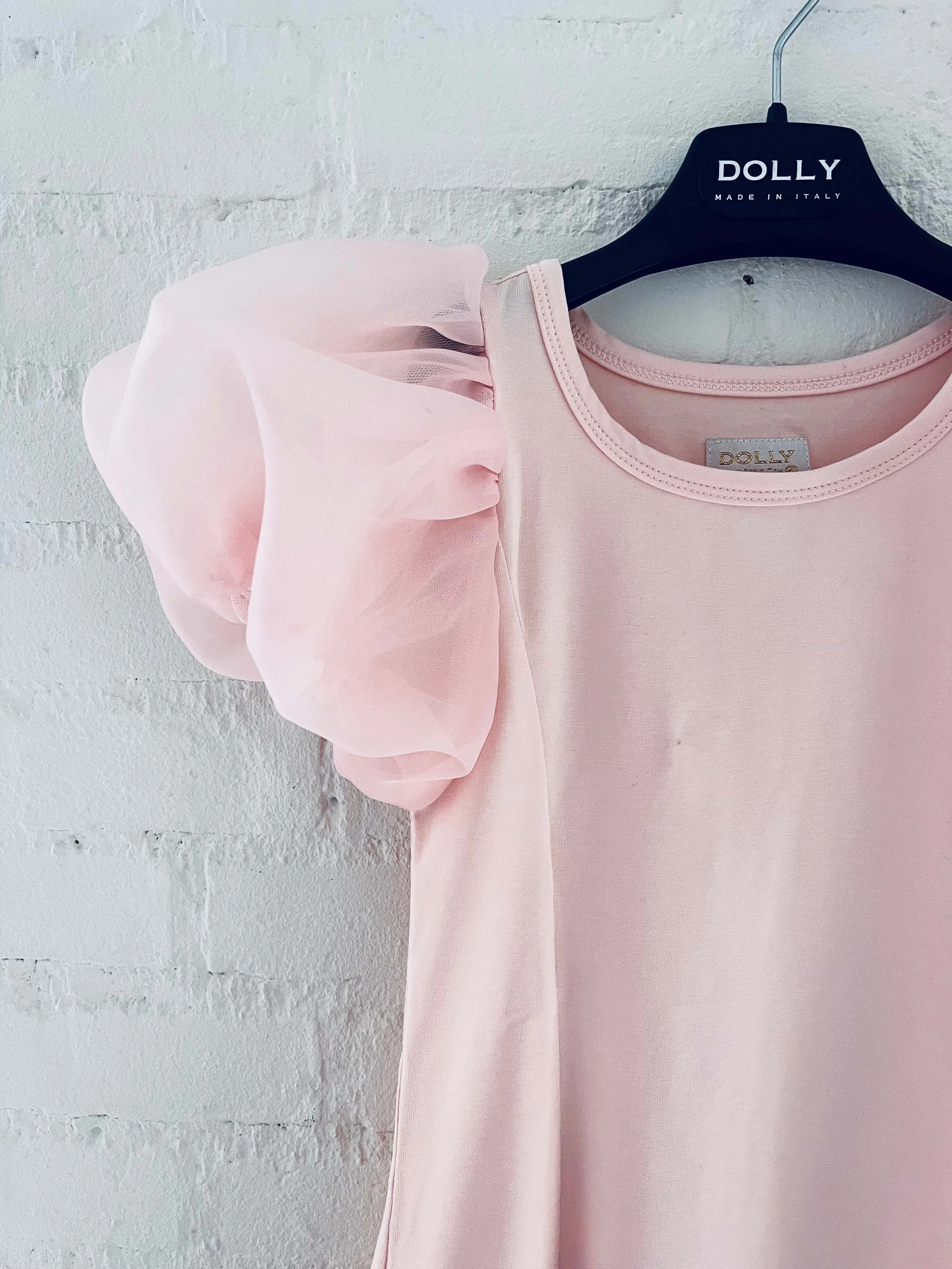 DOLLY WORLD SHORT PUFF SLEEVE ORGANZA DRESS WITH COTTON BODY dollypink