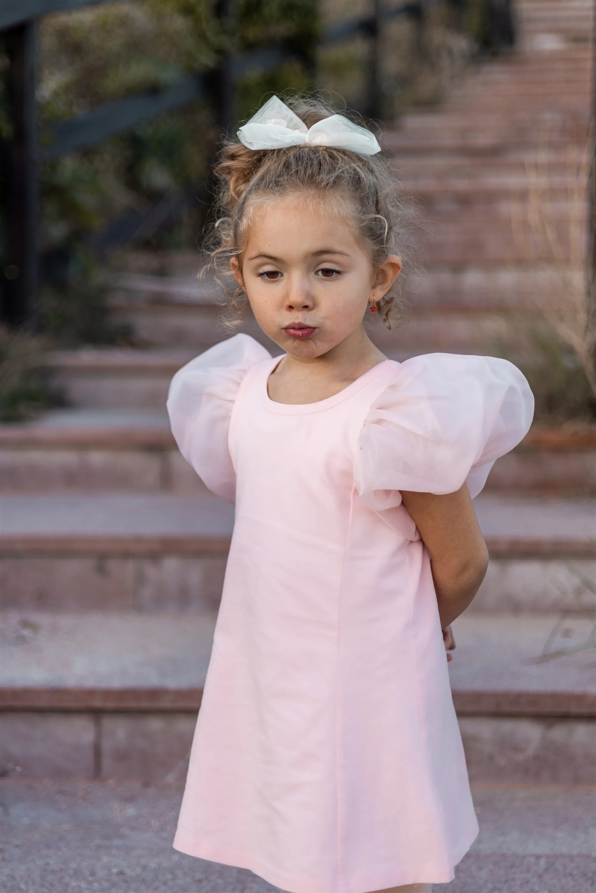 DOLLY WORLD SHORT PUFF SLEEVE ORGANZA DRESS WITH COTTON BODY dollypink