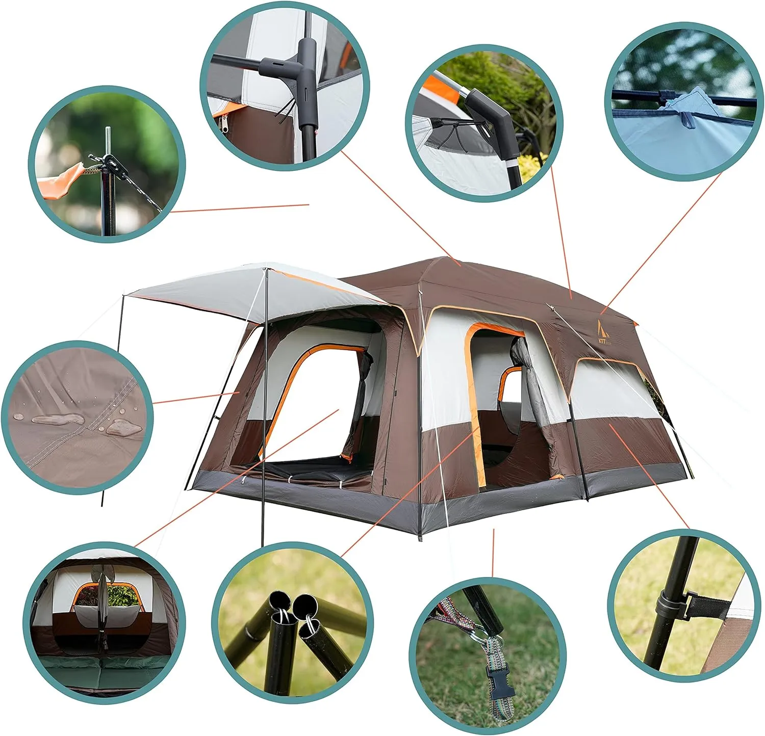 Extra Large Tent 10-12 Person Family Cabin Tents, 2 Rooms, Straight Wall, 3 Doors and 3 Windows with Mesh, Waterproof, Double Layer, Big Tent for Outdoors