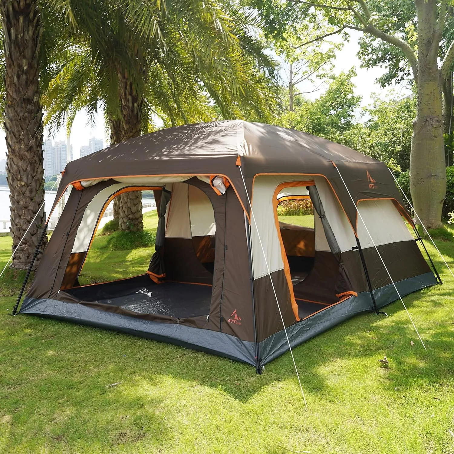 Extra Large Tent 10-12 Person Family Cabin Tents, 2 Rooms, Straight Wall, 3 Doors and 3 Windows with Mesh, Waterproof, Double Layer, Big Tent for Outdoors