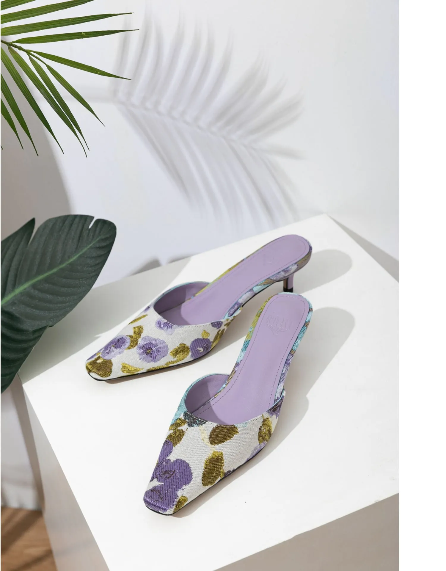 FEIFEI Original Niche Design Lavender Purple Flower Sheepskin Kitten Heel Sandals Slippers Muller Shoes- Vali