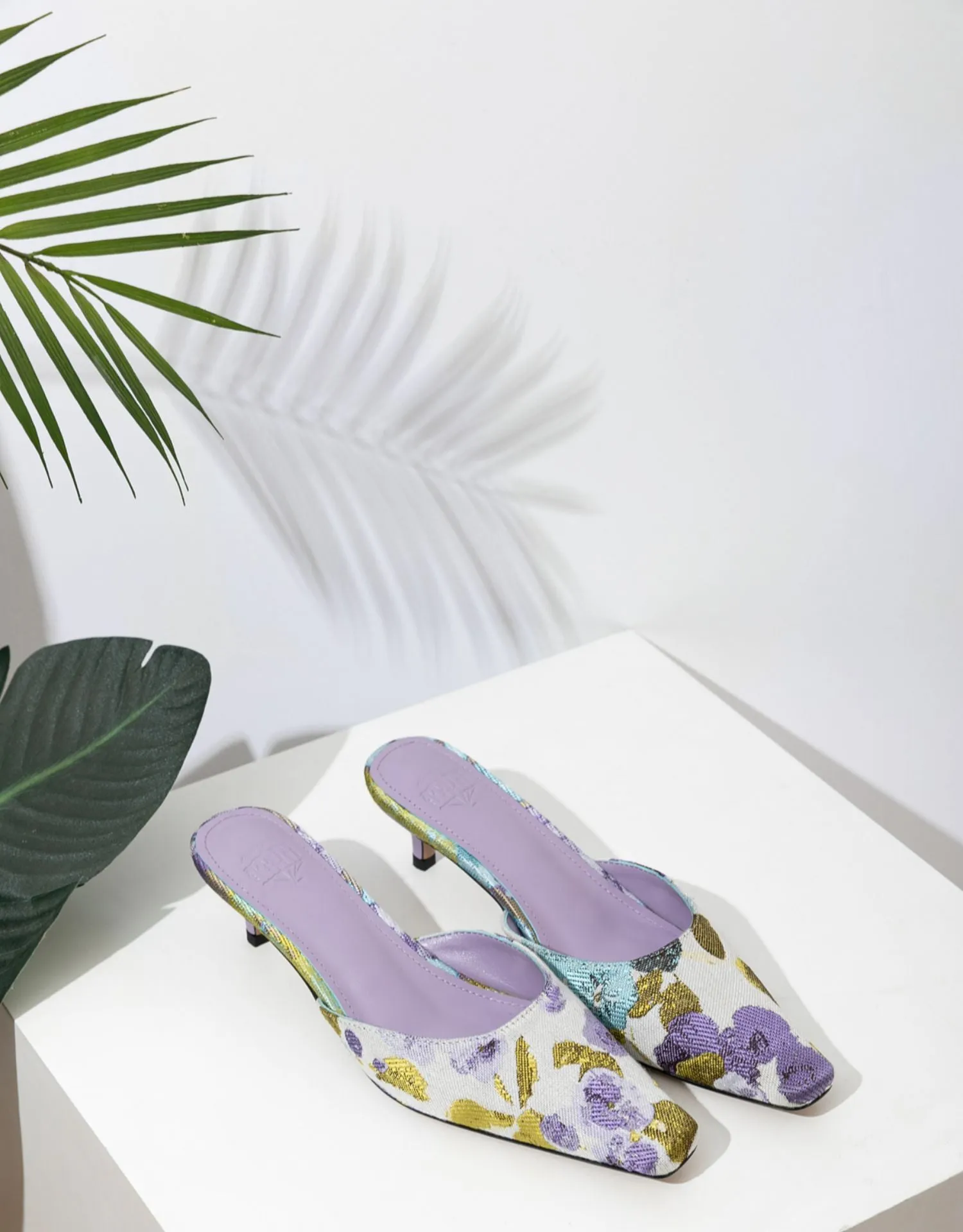 FEIFEI Original Niche Design Lavender Purple Flower Sheepskin Kitten Heel Sandals Slippers Muller Shoes- Vali