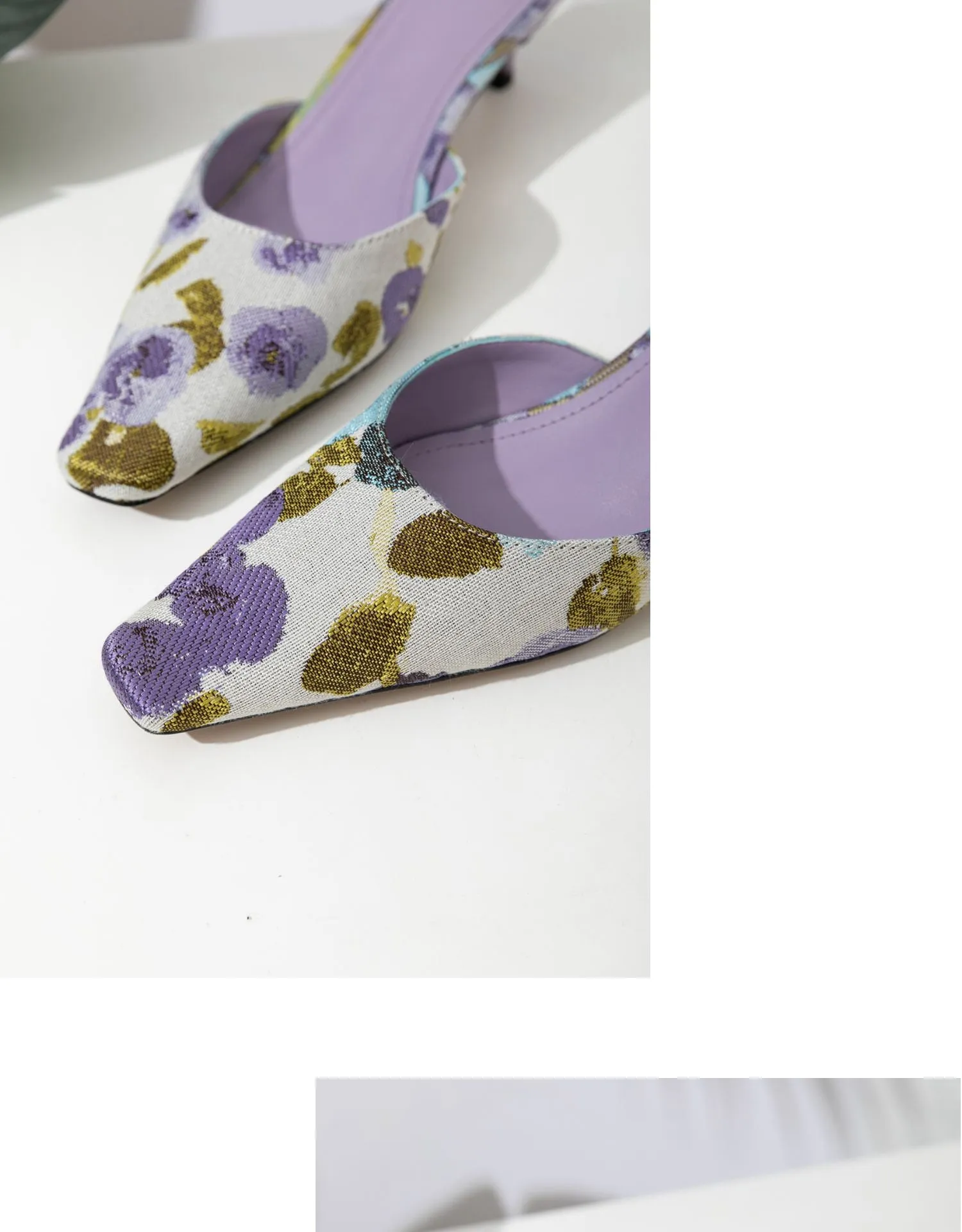 FEIFEI Original Niche Design Lavender Purple Flower Sheepskin Kitten Heel Sandals Slippers Muller Shoes- Vali