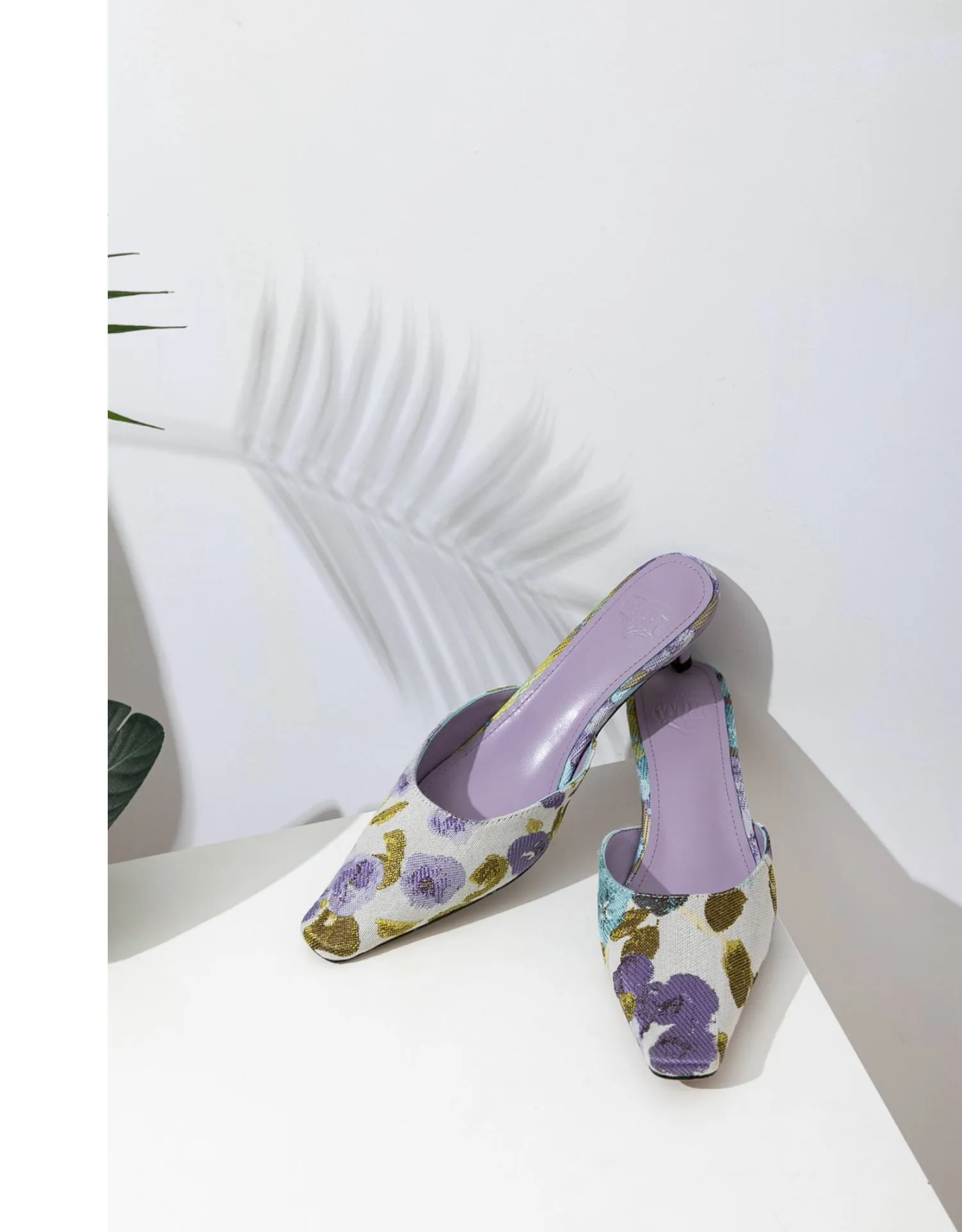 FEIFEI Original Niche Design Lavender Purple Flower Sheepskin Kitten Heel Sandals Slippers Muller Shoes- Vali