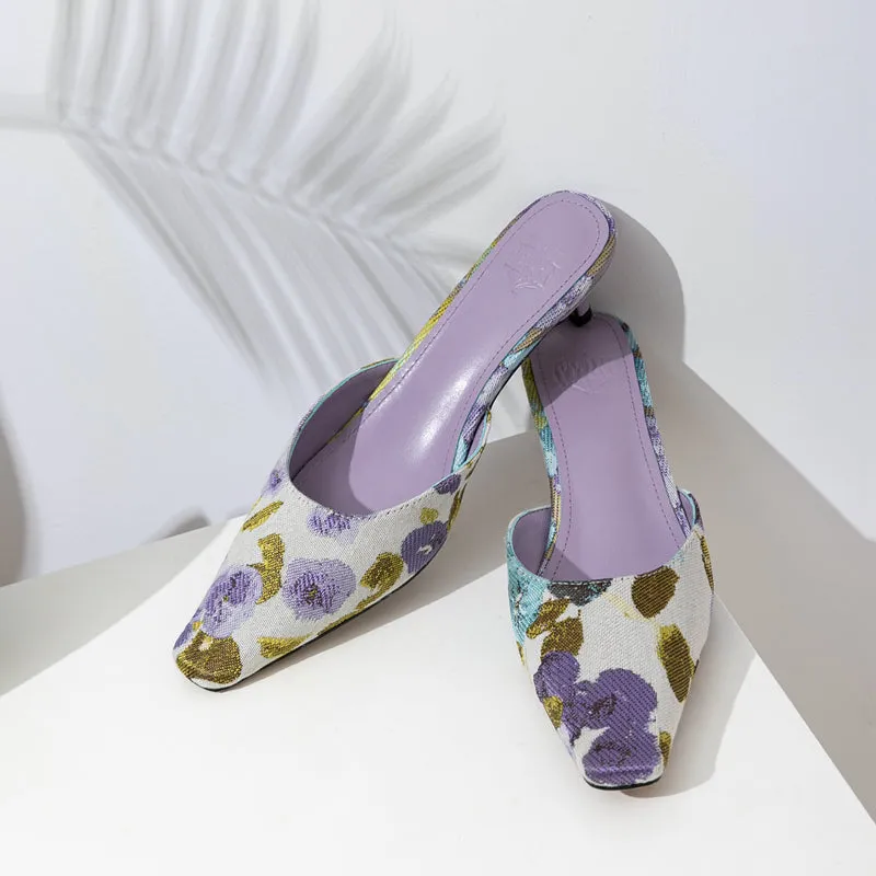 FEIFEI Original Niche Design Lavender Purple Flower Sheepskin Kitten Heel Sandals Slippers Muller Shoes- Vali