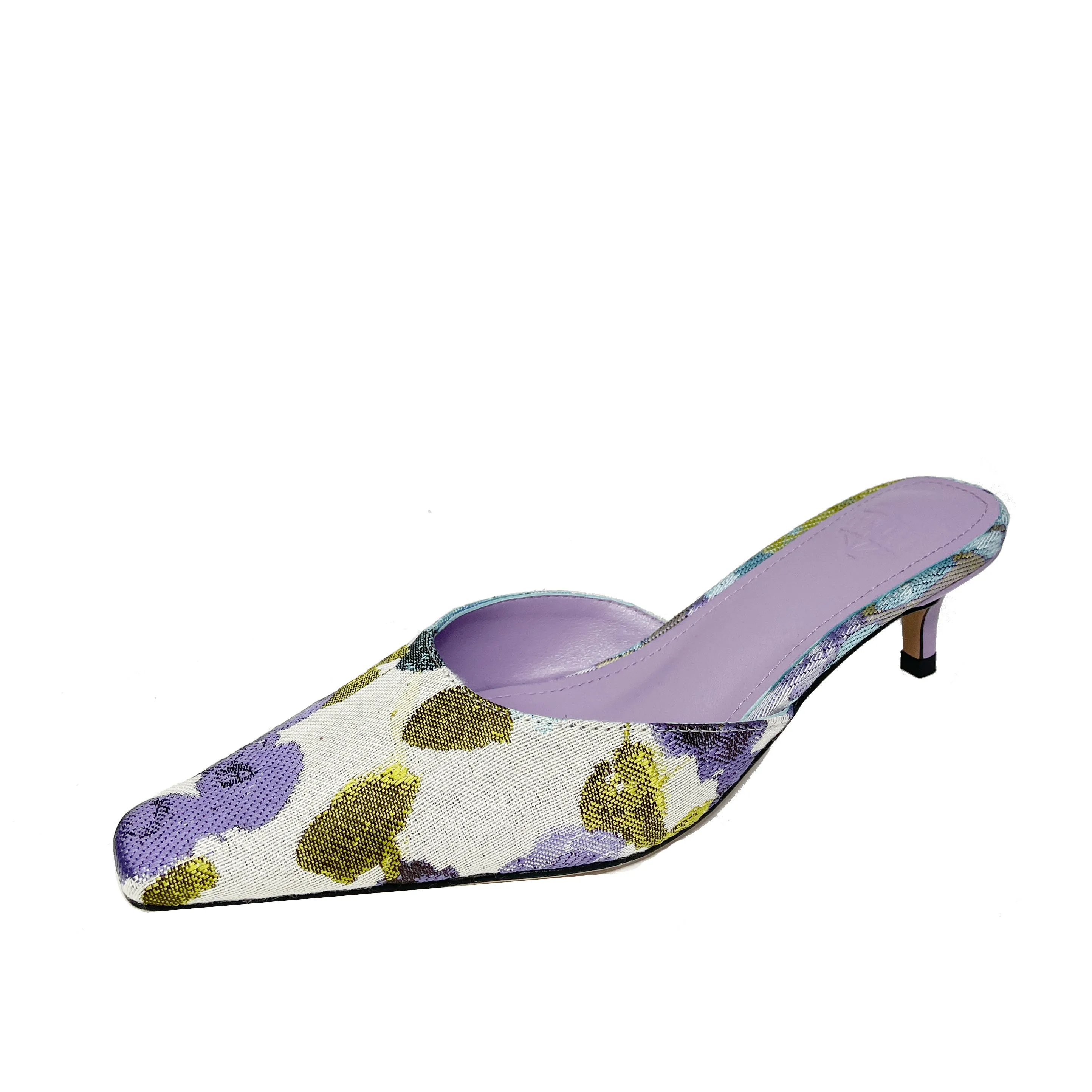 FEIFEI Original Niche Design Lavender Purple Flower Sheepskin Kitten Heel Sandals Slippers Muller Shoes- Vali