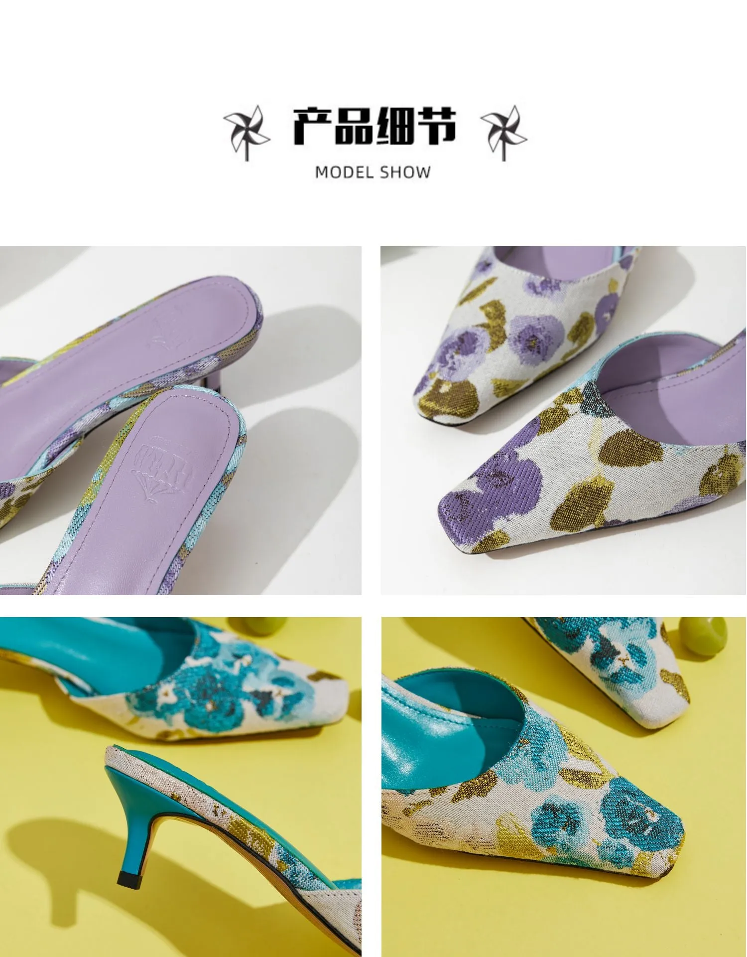 FEIFEI Original Niche Design Lavender Purple Flower Sheepskin Kitten Heel Sandals Slippers Muller Shoes- Vali