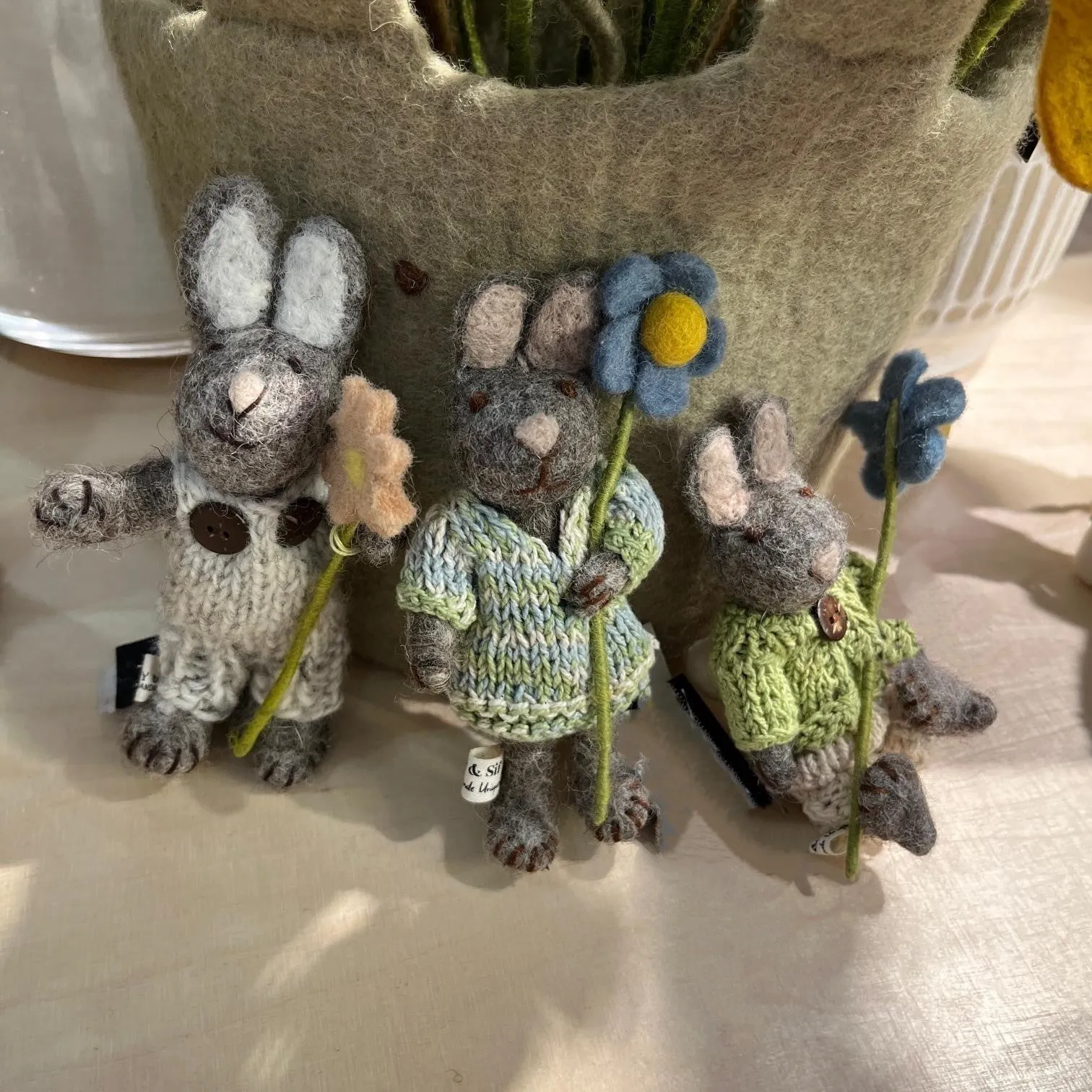 Grey Felt Bunny with Knitted Dress and Blue Anemone Flower - 13cm