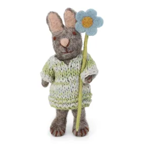 Grey Felt Bunny with Knitted Dress and Blue Anemone Flower - 13cm