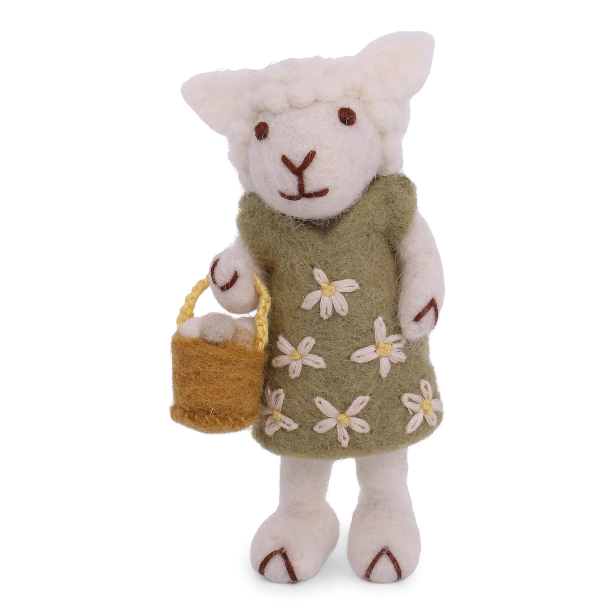 Grey Felt Sheep with Green Knitted Dress and Egg Basket - 11cm