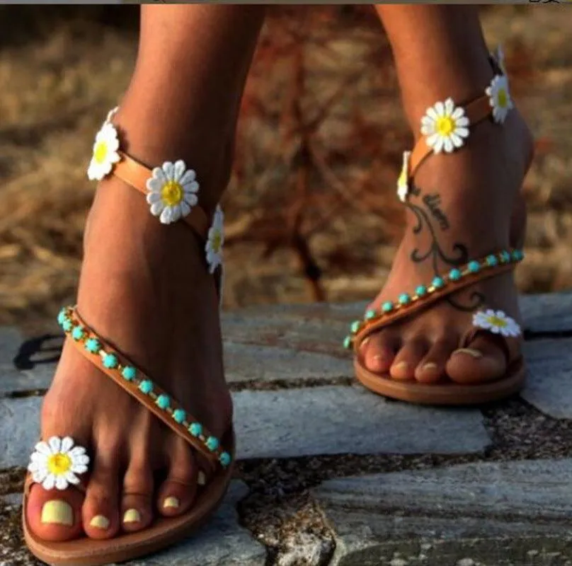 Handcrafted Rhinestone-Embellished Flat-Bottom Sandals with Floral Design for Women- Collection