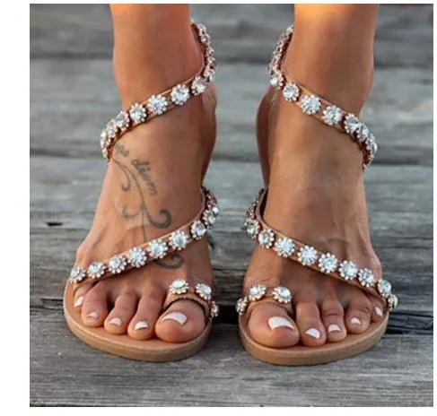 Handcrafted Rhinestone-Embellished Flat-Bottom Sandals with Floral Design for Women- Collection