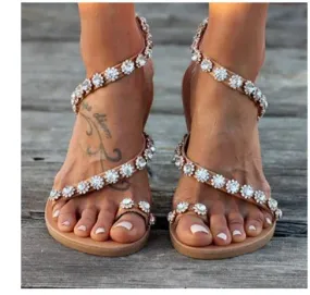 Handcrafted Rhinestone-Embellished Flat-Bottom Sandals with Floral Design for Women- Collection