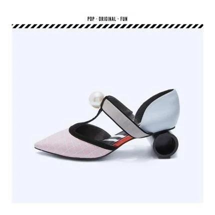 HOA designer polka stripe color block  barrel high heels Mary jane quirky shoes - Uliu