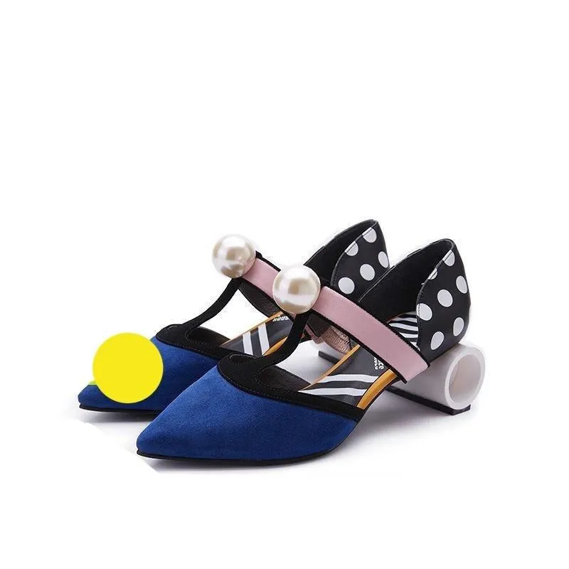 HOA designer polka stripe color block  barrel high heels Mary jane quirky shoes - Uliu