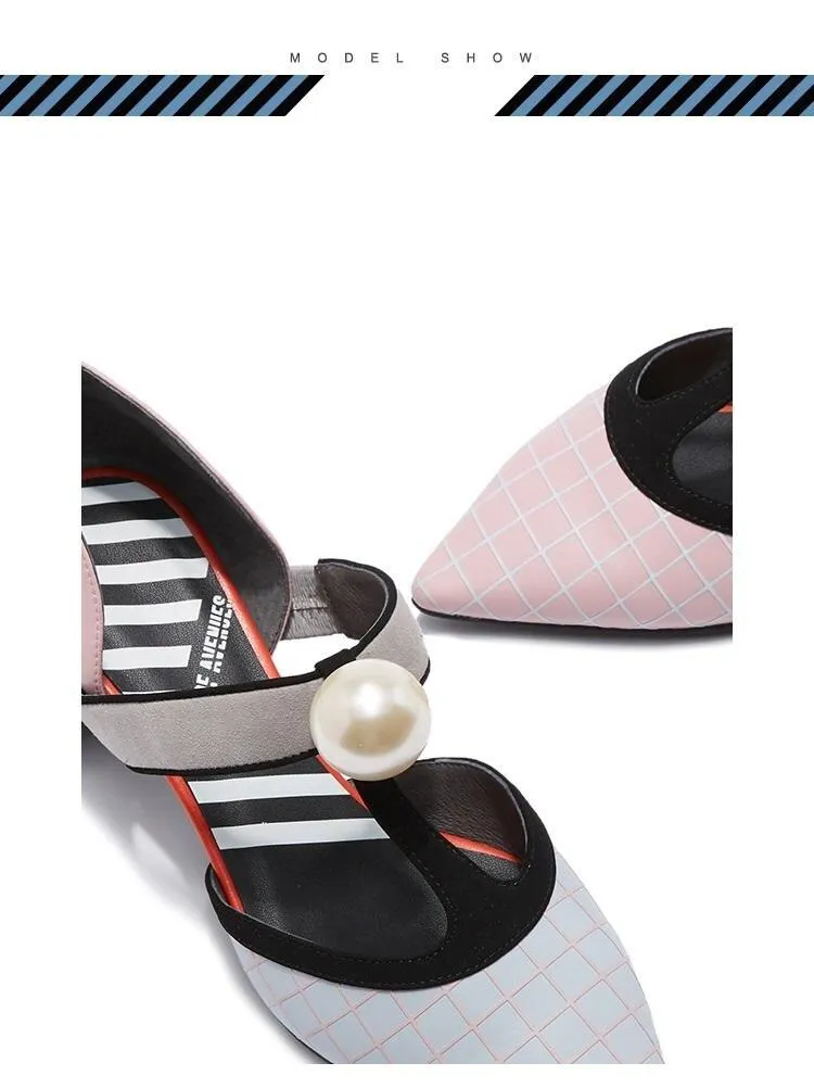 HOA designer polka stripe color block  barrel high heels Mary jane quirky shoes - Uliu