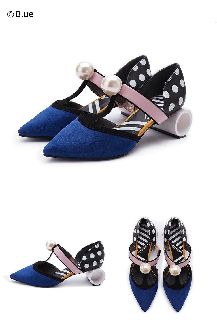 HOA designer polka stripe color block  barrel high heels Mary jane quirky shoes - Uliu