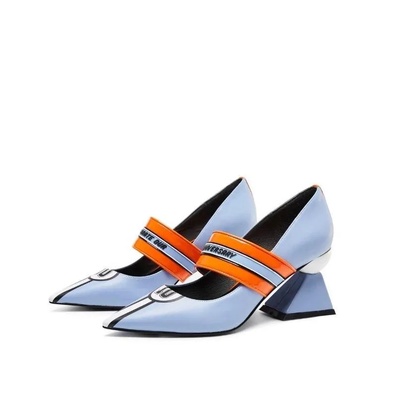 HOA spring high end pastel blue low shiny trapezoidalnascar  mary jane pumps - Dolia