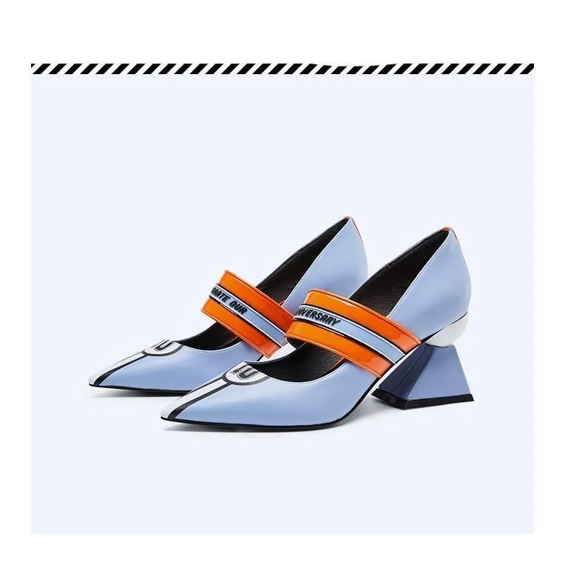 HOA spring high end pastel blue low shiny trapezoidalnascar  mary jane pumps - Dolia