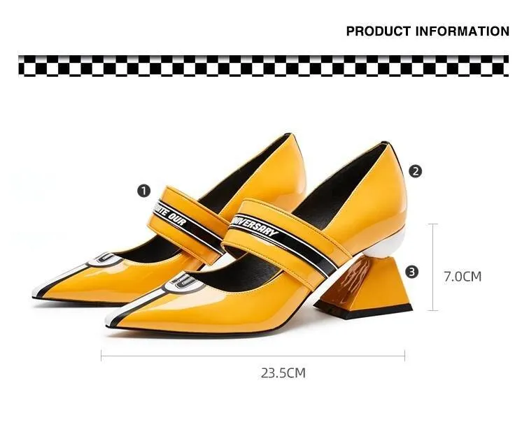 HOA spring high end Yellow low shiny trapezoidalnascar  mary jane pumps - Dolia