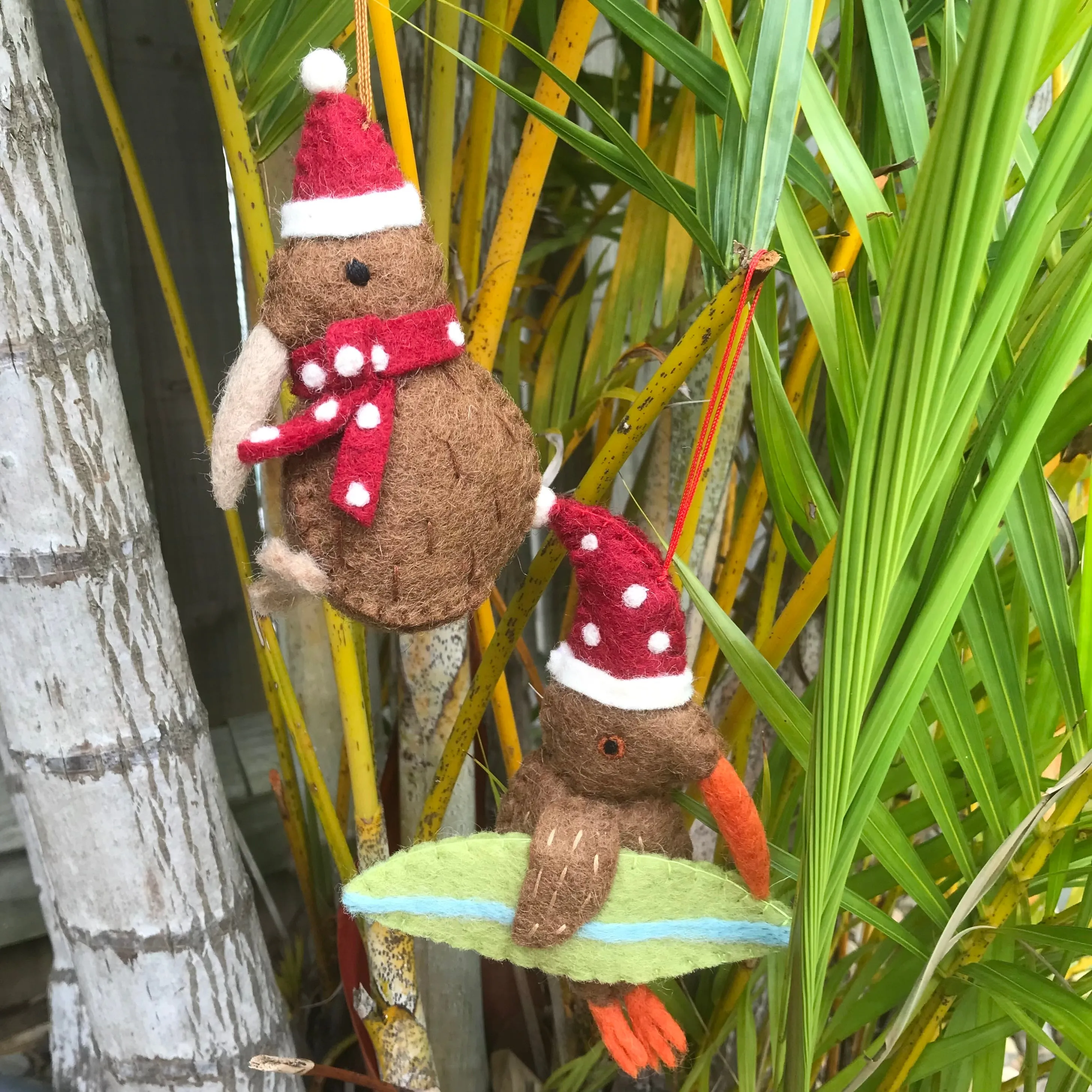 Kiwi with surfboard Christmas tree decoration