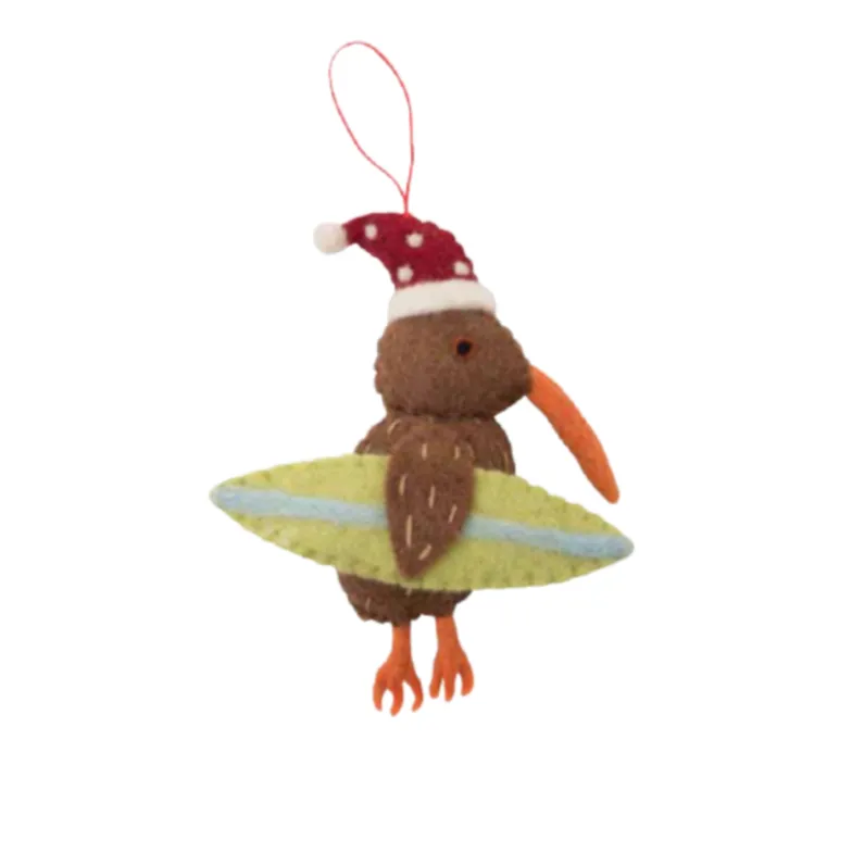 Kiwi with surfboard Christmas tree decoration