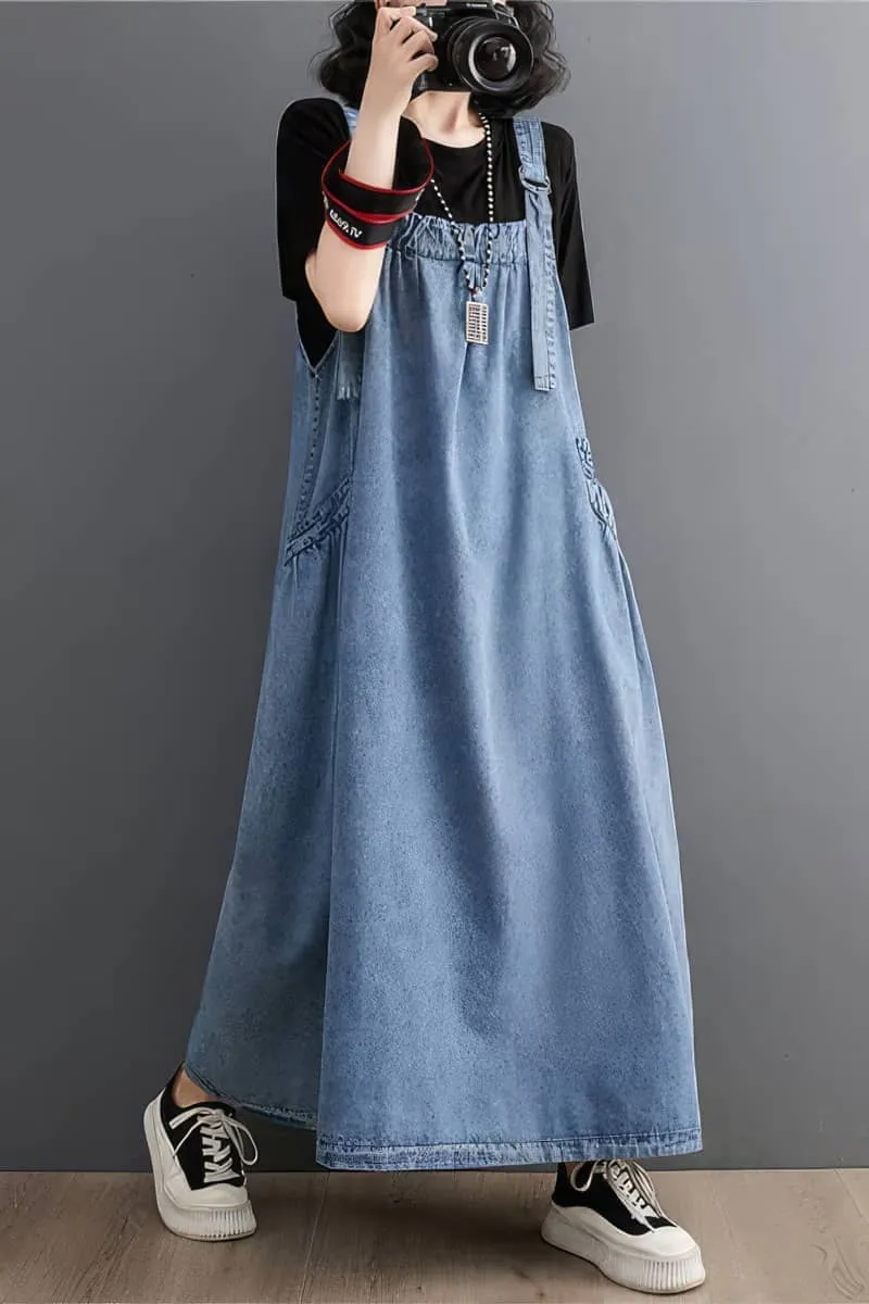 Loose-Fitting Denim Overall Dress with Flared Hem