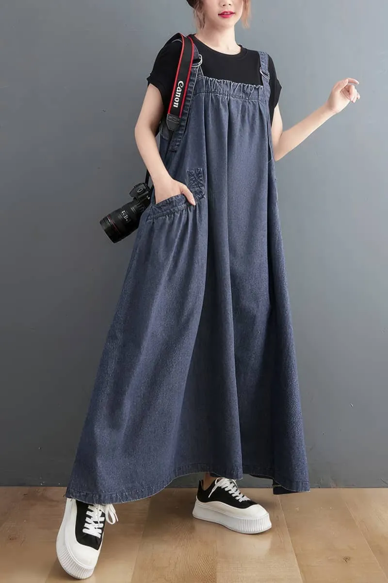 Loose-Fitting Denim Overall Dress with Flared Hem