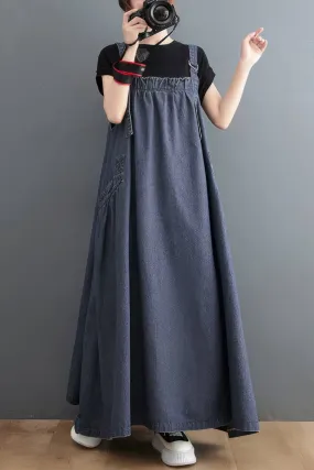 Loose-Fitting Denim Overall Dress with Flared Hem