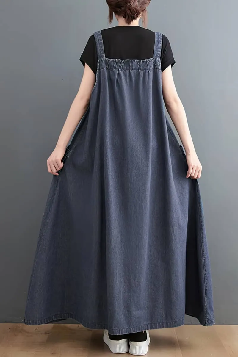 Loose-Fitting Denim Overall Dress with Flared Hem