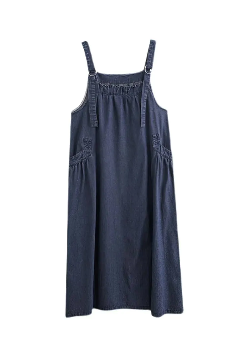 Loose-Fitting Denim Overall Dress with Flared Hem