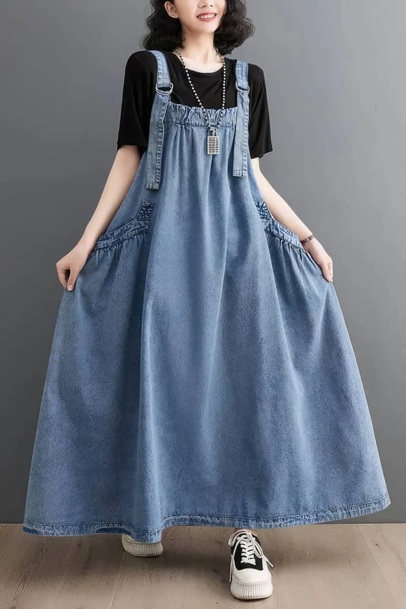 Loose-Fitting Denim Overall Dress with Flared Hem