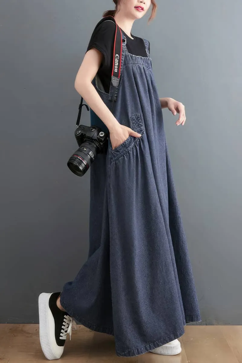 Loose-Fitting Denim Overall Dress with Flared Hem