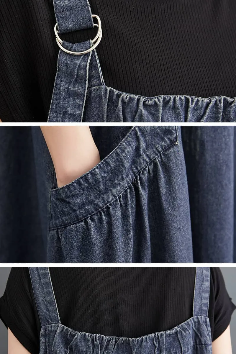 Loose-Fitting Denim Overall Dress with Flared Hem